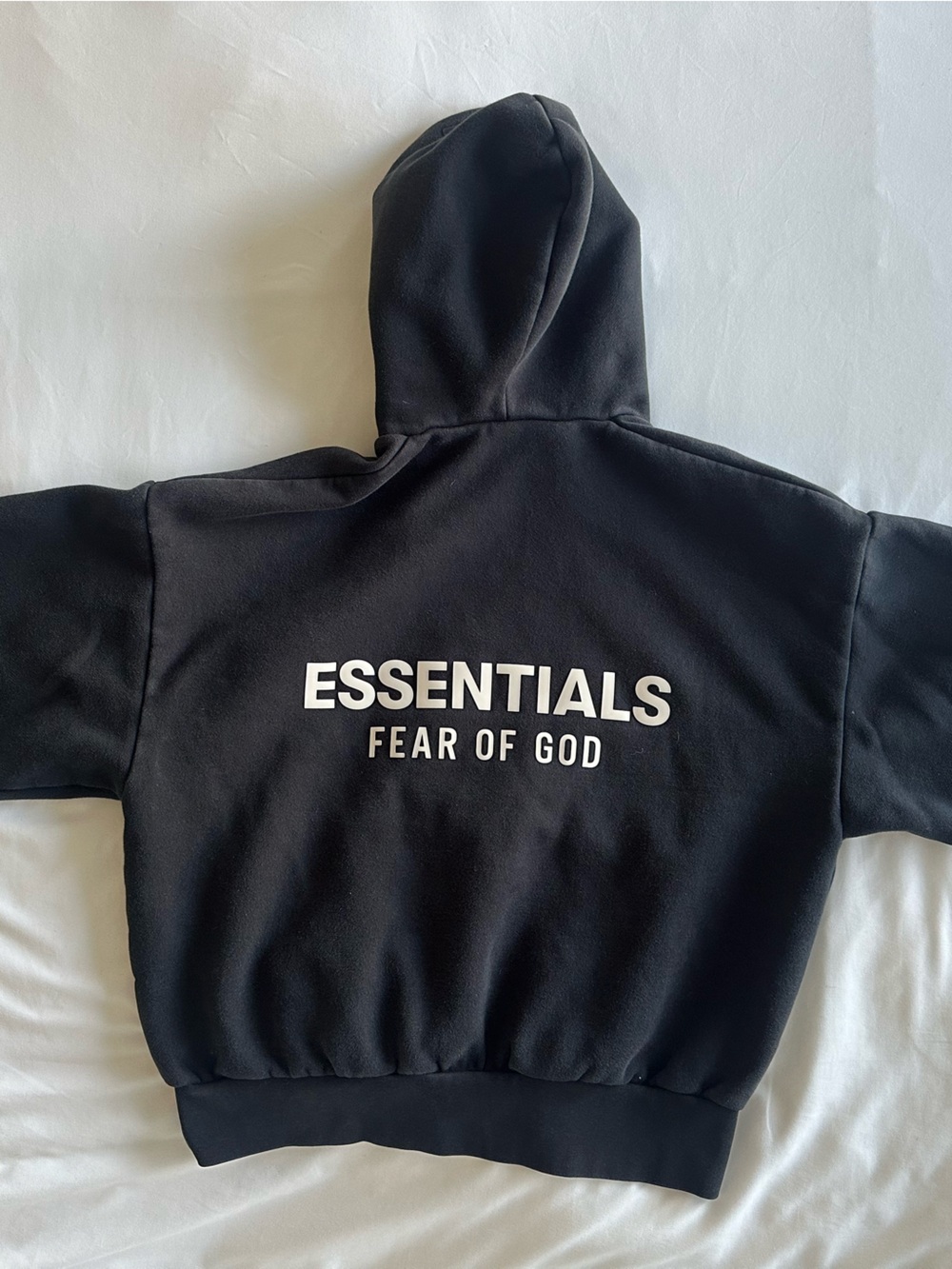 Fear of God Essentials Black Hoodie with White Logo, Men’s Small